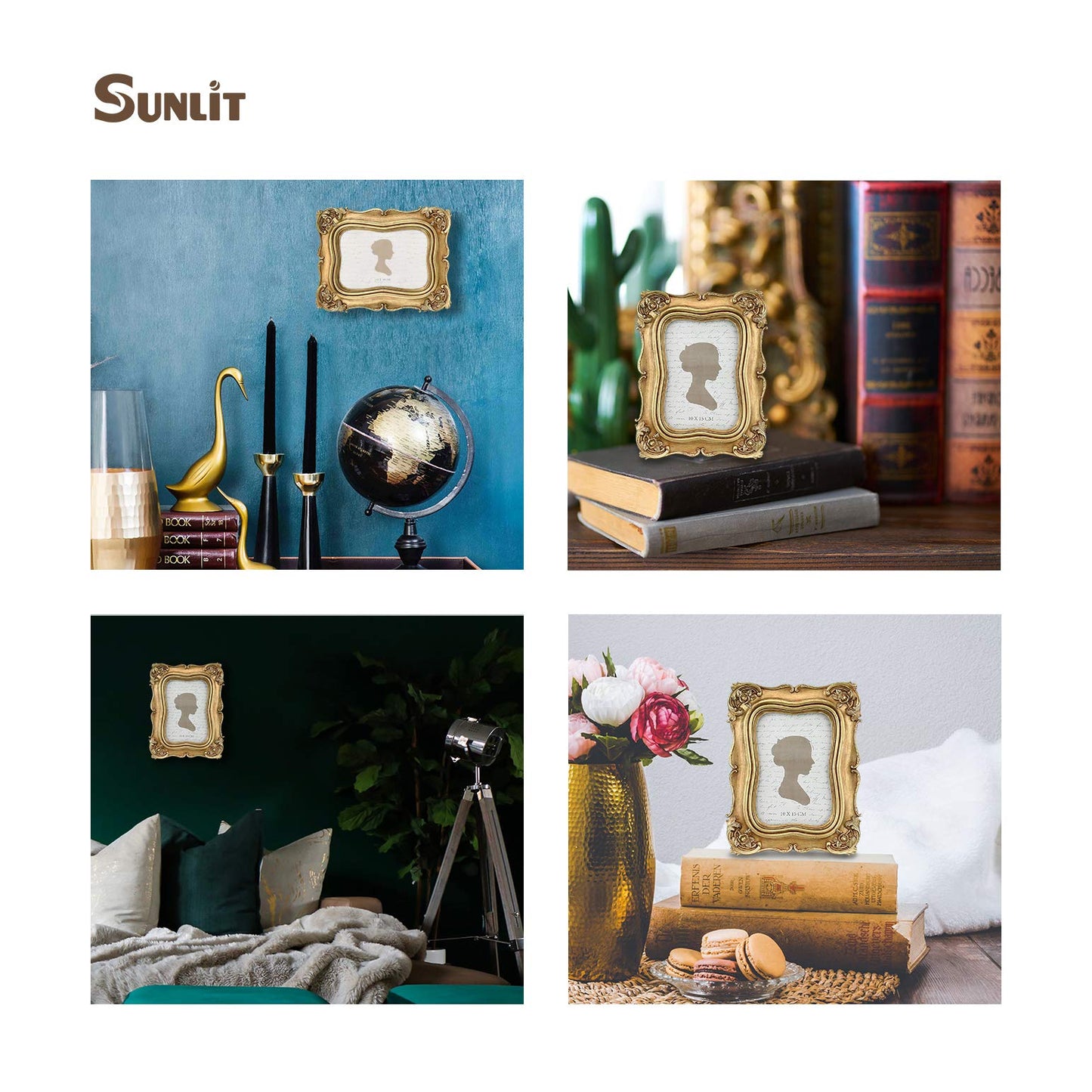 Sunlit Vintage Small Picture Frame 2.5x3.5 Inch, Antique Mini Polaroid Photo Frames with Glass Front, Luxury Wallet Size Picture Frames, Tiny Photo Frames Display Tabletop Wall Hanging Gift Ideas, Gold