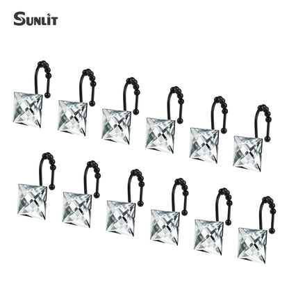 Sunlit Luxury Design Square Red Diamond Crystal Gem Bling with Glide Balls Shower Curtain Hooks, Rust Proof Metal Rhinestones Glam Shower Curtain Rings-12 Pack