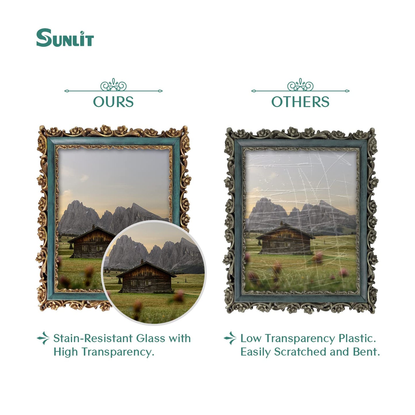 Sunlit Vintage Picture Frame 4x6 Inch, Luxury Antique Photo Frames with Glass Front, Photo Display, Tabletop Wall Hanging, Gift Ideas, Retro Blue and Gold