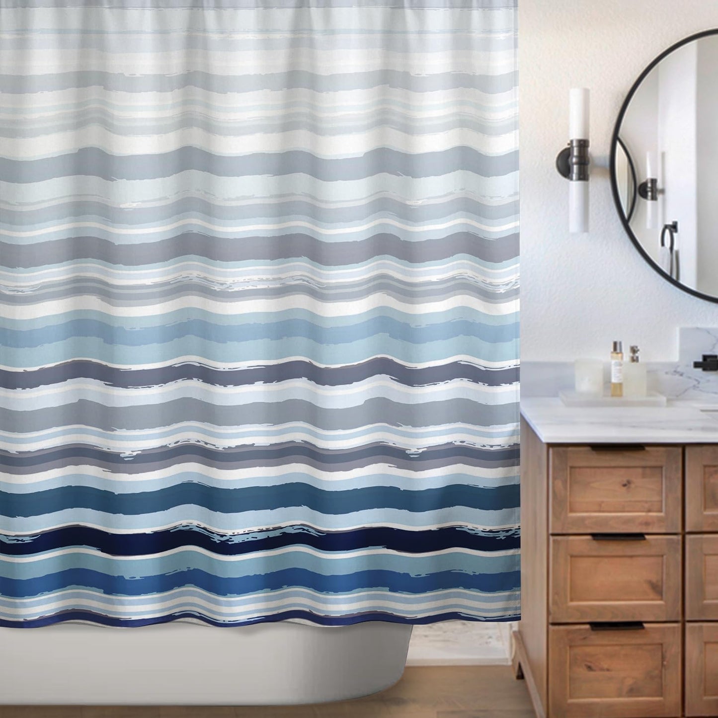 Sunlit Sunset Ombre Striped Shower Curtain, Blue and Orange Textured Slubbed Fabric Shower Curtain for Bathroom Decoration, Gradient Stripe Bathroom Curtain, 72x72