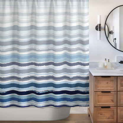 Sunlit Sunset Ombre Striped Shower Curtain, Blue and Orange Textured Slubbed Fabric Shower Curtain for Bathroom Decoration, Gradient Stripe Bathroom Curtain, 72x72