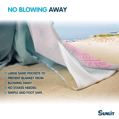 Sunlit Silky Soft Sand Proof Beach Blanket 106"x81" / 85"x72" Sand Proof Mat with Corner Pockets and Mesh Bag for Beach Party, Travel, Camping and Outdoor Music Festival, Mandala