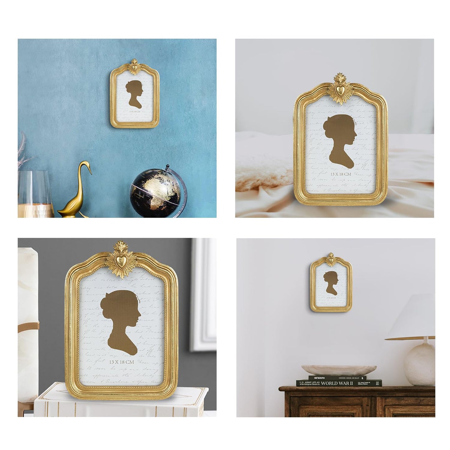 Sunlit Vintage Picture Frame 5x7 Inch, Antique Photo Frames with Glass Front, Small Heart Luxury Photo Display, Tabletop Wall Hanging, Gift Ideas, Gold