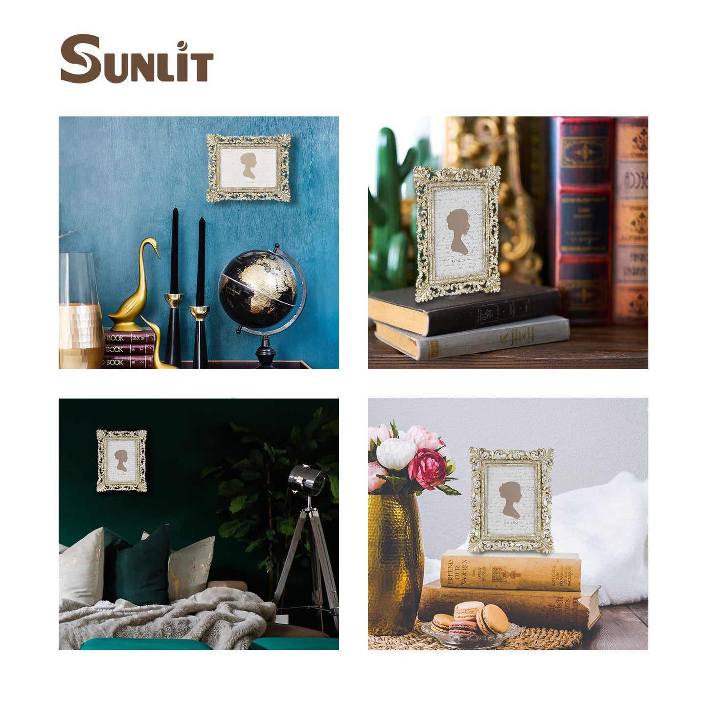 Sunlit Vintage Picture Frame 4x4 Inch, Luxury Antique Square Photo Frames with Glass Front, Photo Display, Tabletop Wall Hanging, Gift Ideas, Antique Gold Silver