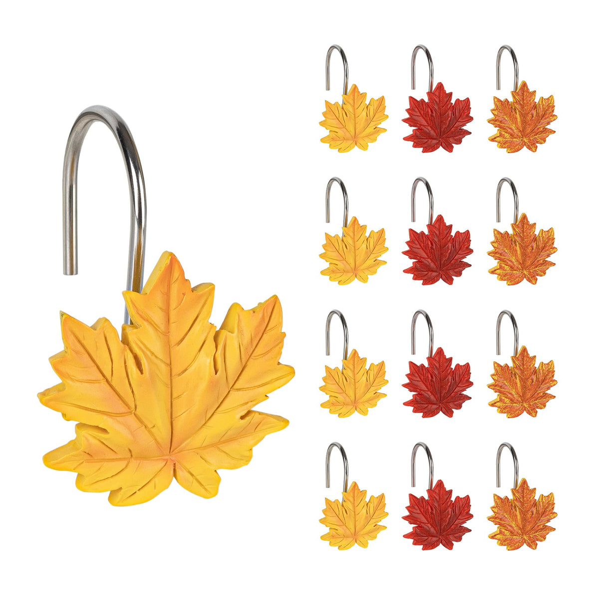 Sunlit Fall Autumn Decorative Shower Curtain Hooks, Pumpkin Maple Leaf Squirrel Acorn Shower Curtain Rings with Black Hooks, Resin, Orange Leaves Cute Bathroom Curtain Hangers Decoration, Set of 12
