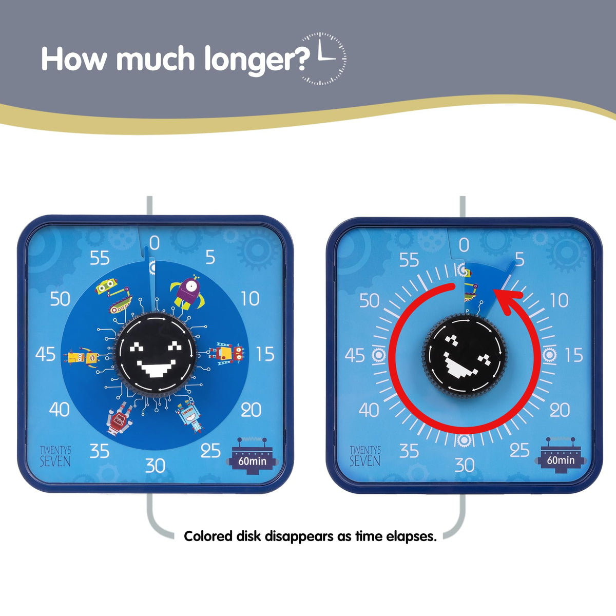 TWENTY5 SEVEN 7.5-Inch Visual Timer, Battery-Free 60-Minute Countdown Clock