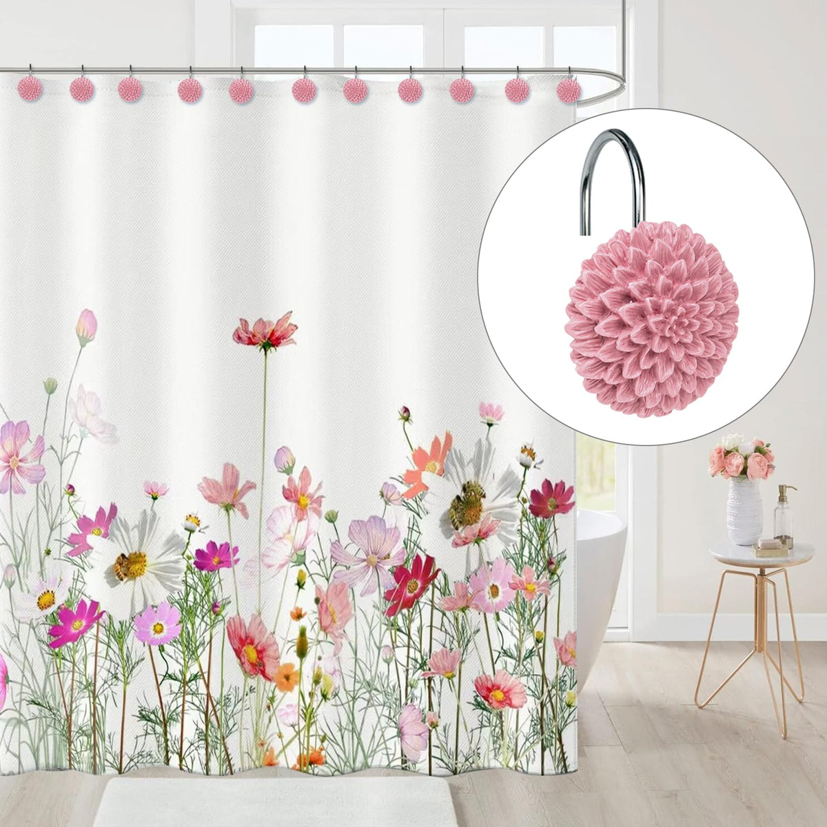 Sunlit Decorative Floral Shower Curtain Hooks, Turquoise Dahlia Pinnata Flower Shower Curtain Rings, Resin, Bathroom Decoration Blue Shower Curtain Hooks-12 Pack