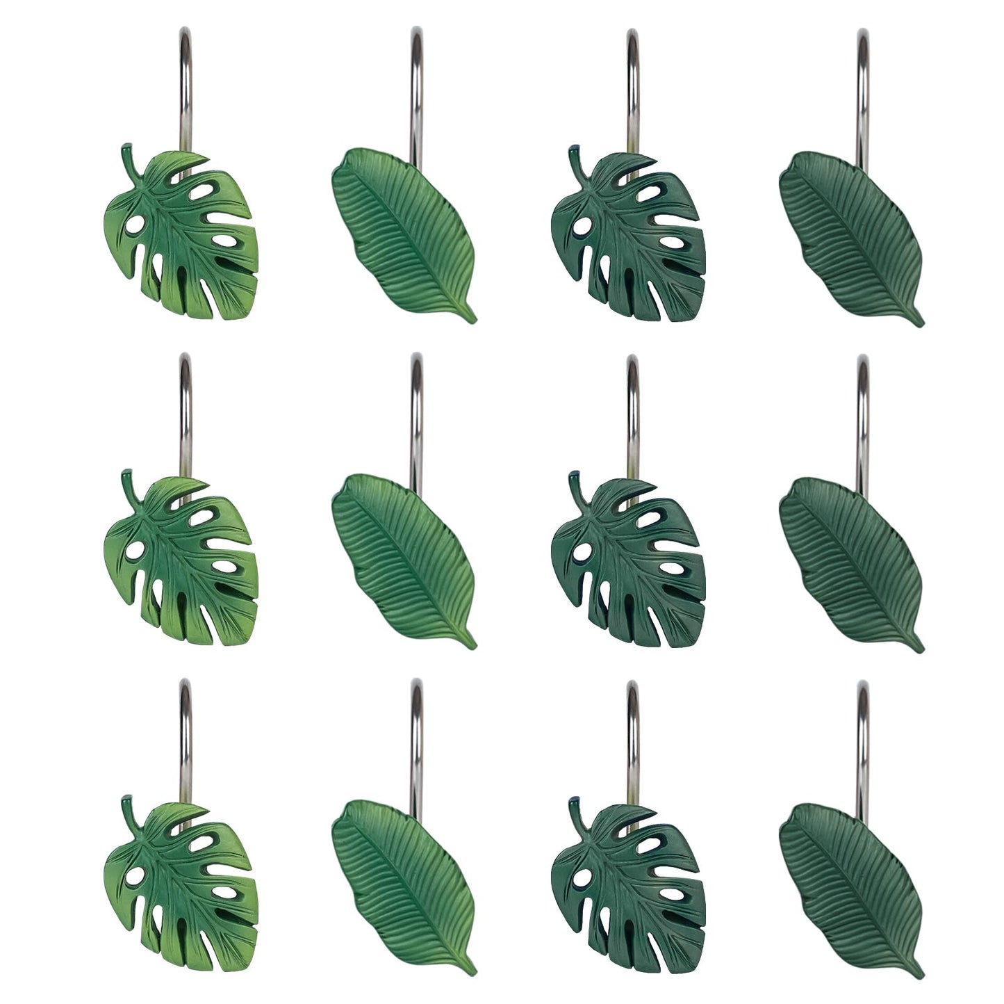 Tropical Leaf Decorative Shower Curtain Hooks, Green Botanical Shower Curtain Rings with Black Hooks, Resin, Monstera Deliciosa Leaves Shower Curtain Hangers for Bathroom, Set of 12