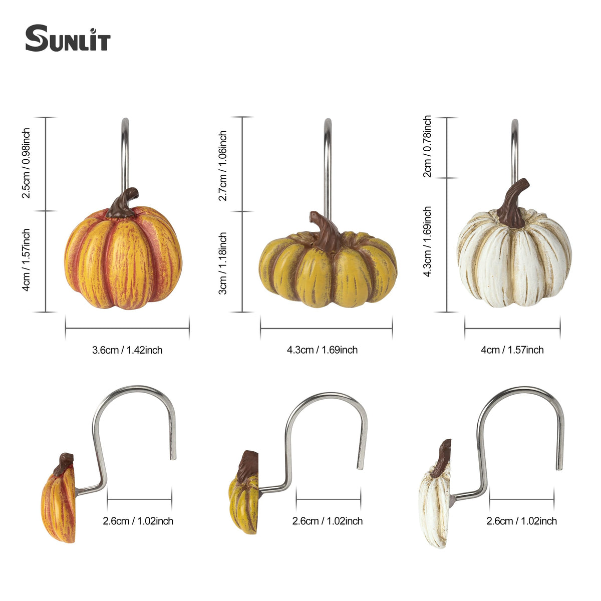 Sunlit Fall Pumpkin Decorative Shower Curtain Hooks, Autumn Harvest Festival Shower Curtain Rings, Resin Farmhouse Bathroom Curtain Hangers Decoration, Set of 12, Orange Blue White