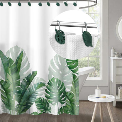 Tropical Leaf Decorative Shower Curtain Hooks Green Botanical Shower Curtain Rings, Resin, Monstera Deliciosa Leaves Shower Curtain Hangers for Bathroom, Set of 12
