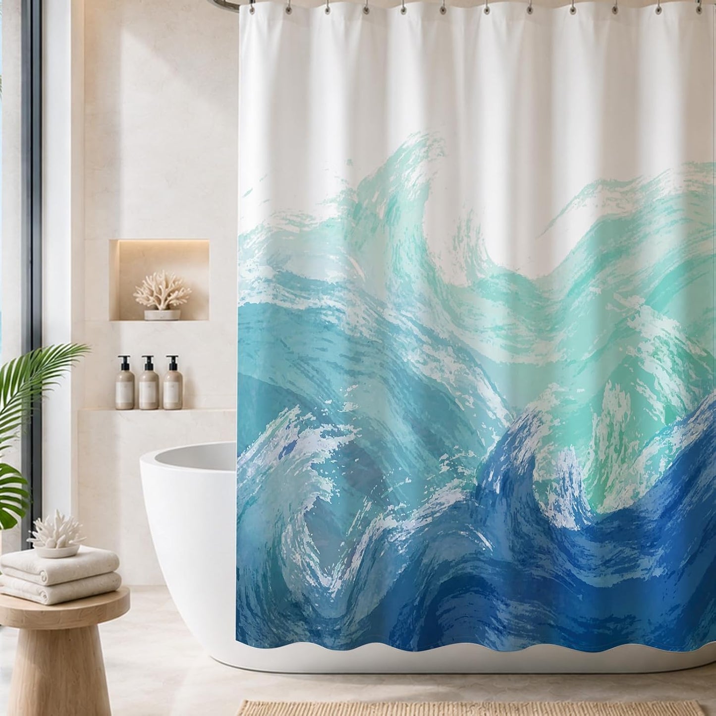 Sunlit Wave Shower Curtain, Ombre Blue and Green Ocean Theme Shower Curtain for Bathroom Modern Decor Waterproof Tapestry, 72x72 Inch