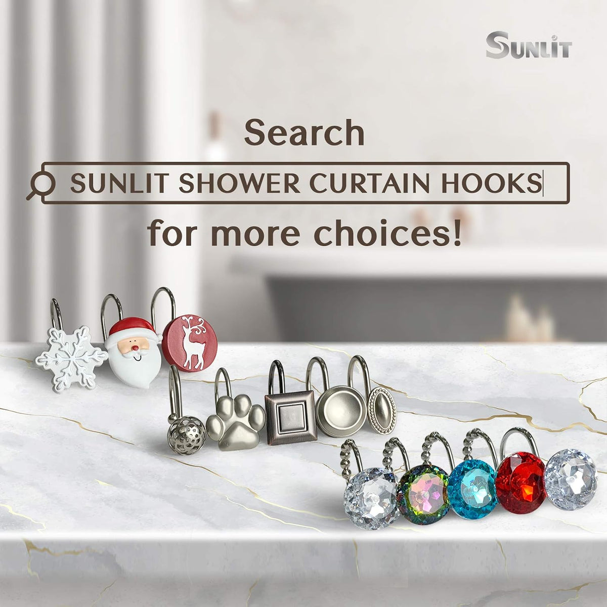 Sunlit Merry Christmas Shower Curtain Hooks Smiling Santa Claus Shower Curtain Rings, Resin, Christmas Decor, Winter Bathroom Decoration - 12 Pack