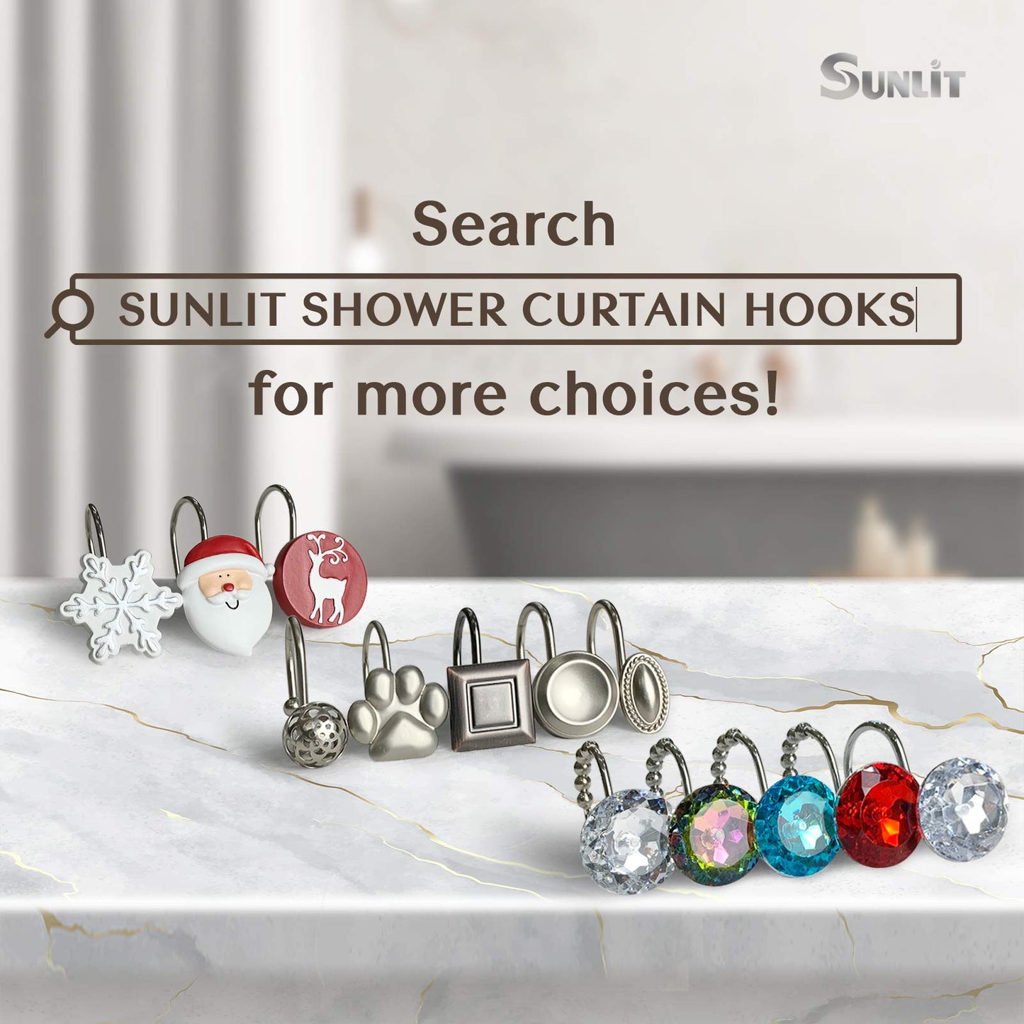 Sunlit Christmas Shower Curtain Hooks Snowflakes Double Shower Curtain Rings, Resin, Red and White Christmas Decor, Winter Bathroom Decoration - 12 Pack