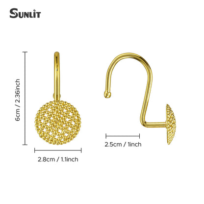 Sunlit Gold 3D Beaded Mesh Shower Curtain Hooks, Metal Home Decorative Shower Curtain Rings for Bathroom, Modern Shower Curtain Hangers Bathroom Accessories, Set of 12