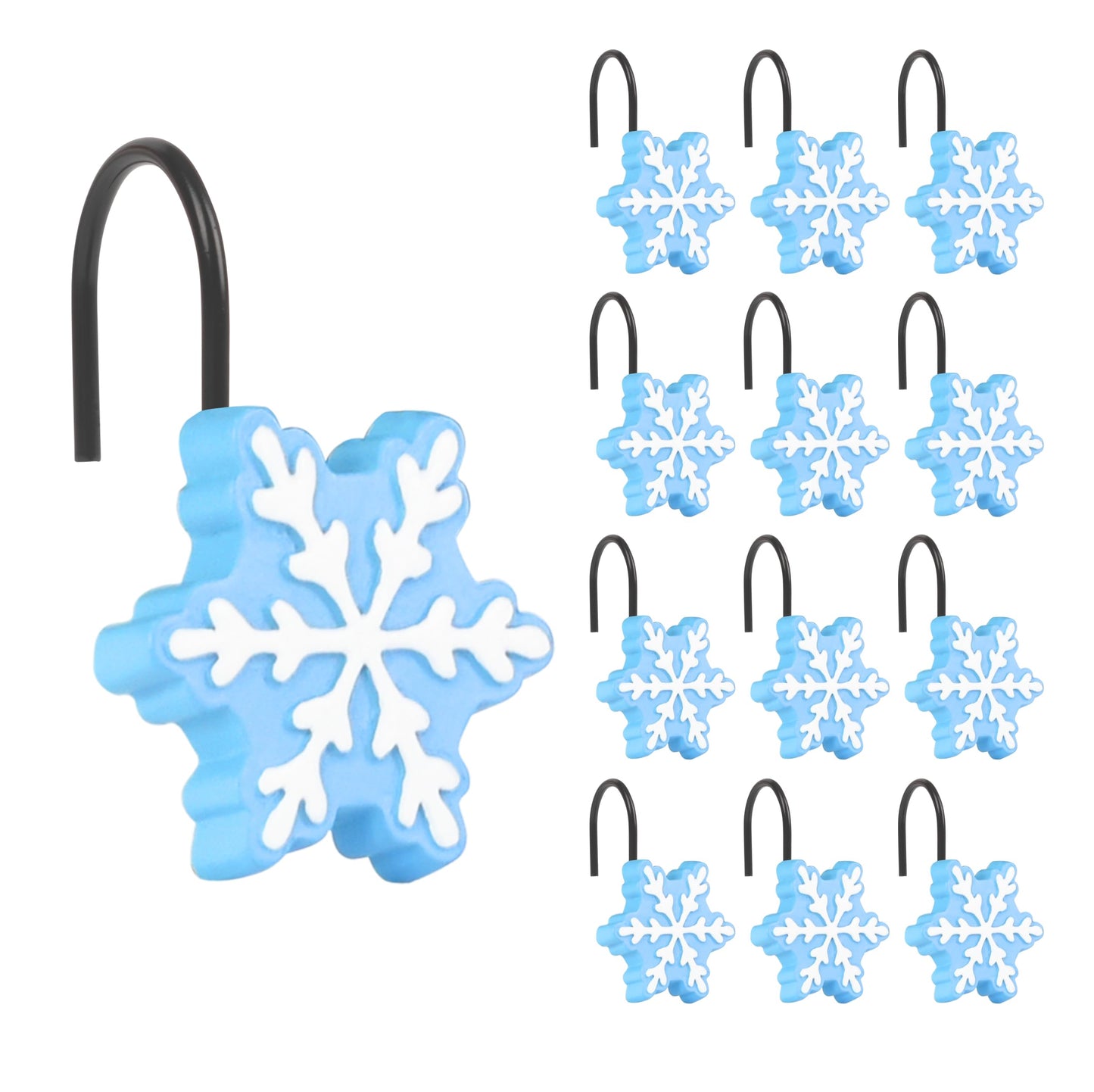Sunlit Christmas Shower Curtain Hooks Silver Snowflakes Shower Curtain Rings, Resin, White Christmas Decor, Winter Bathroom Decoration - 12 Pack