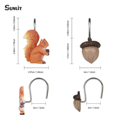 Sunlit Fall Autumn Decorative Shower Curtain Hooks, Pumpkin Maple Leaf Squirrel Acorn Shower Curtain Rings with Black Hooks, Resin, Orange Leaves Cute Bathroom Curtain Hangers Decoration, Set of 12