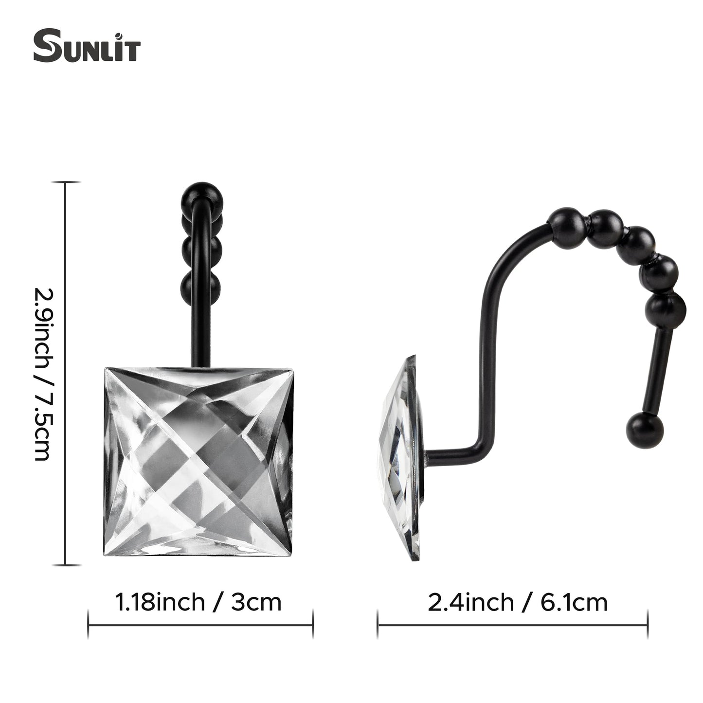 Sunlit Square Rhinestone Shower Curtain Hooks with Glide Balls, 12 Pack