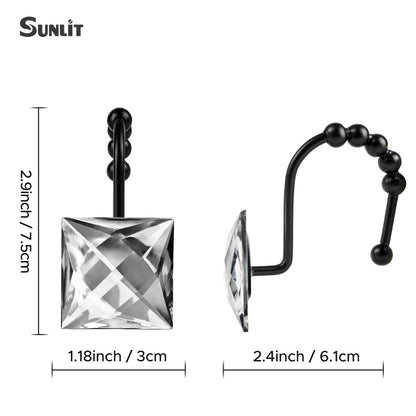 Sunlit Square Rhinestone Shower Curtain Hooks with Glide Balls, 12 Pack