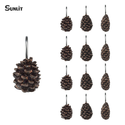 Sunlit Snowy Pinecone Shower Curtain Hooks Set of 12, Snow-Tipped Pine Cone Curtain Rings for Christmas Winter Bathroom Decor, Rustic Decorative Resin Bath Accessories