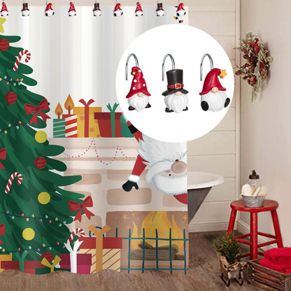 Sunlit Christmas Shower Curtain Hooks, Gnome Shower Curtain Rings, Hand Painted Resin Christmas Decor, Winter Bathroom Decoration, Black Green Red with Star, Set of 12