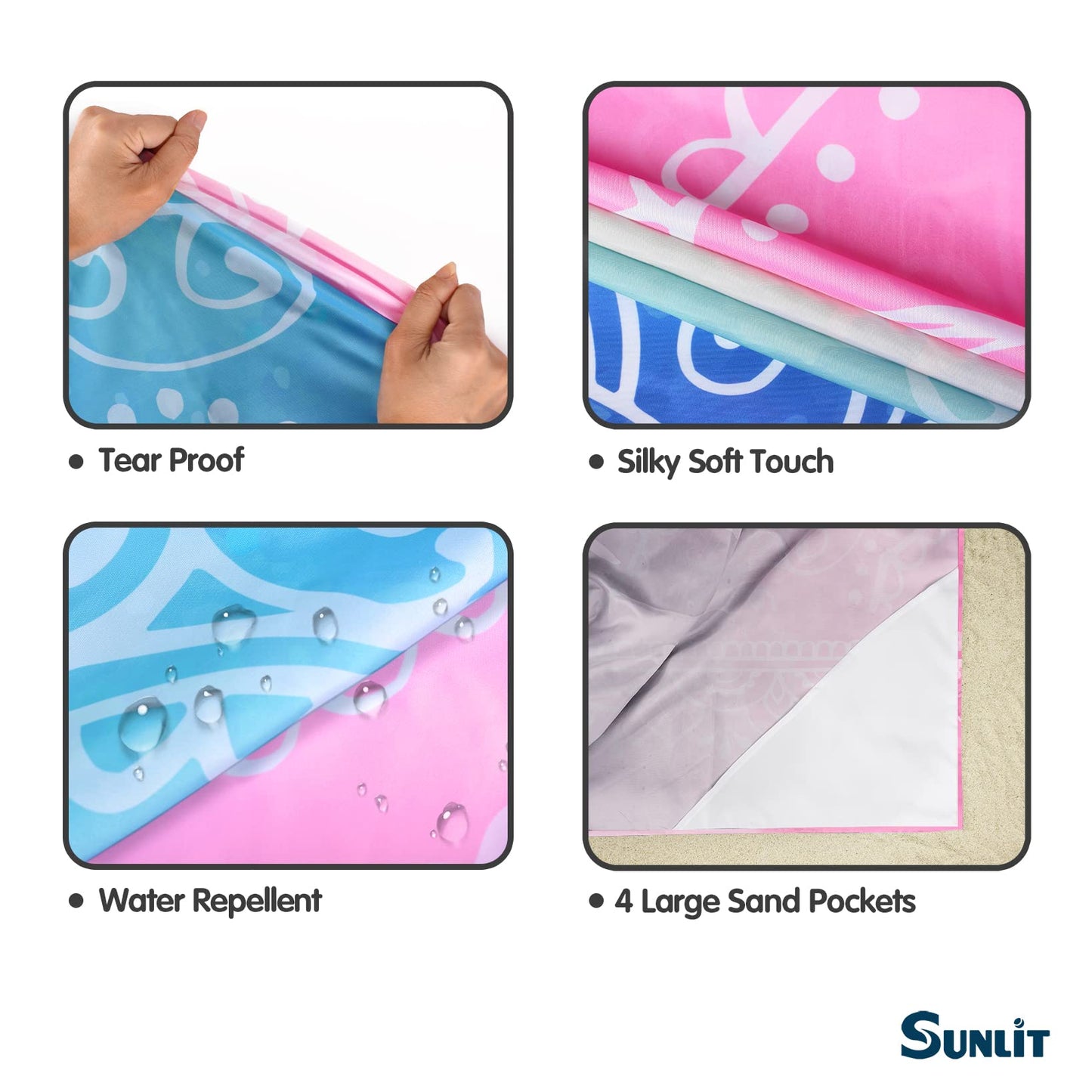 Sunlit Silky Soft Sand Proof Beach Blanket 106"x81" / 85"x72" Sand Proof Mat with Corner Pockets and Mesh Bag for Beach Party, Travel, Camping and Outdoor Music Festival, Mandala