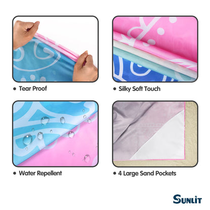 Sunlit Silky Soft Sand Proof Beach Blanket 106"x81" / 85"x72" Sand Proof Mat with Corner Pockets and Mesh Bag for Beach Party, Travel, Camping and Outdoor Music Festival, Mandala