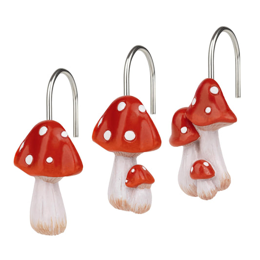 Sunlit Mushroom Decorative Shower Curtain Hooks, Cute Shower Curtain Rings for Bathroom, Resin, Cottage Decor Shower Curtain Hanger Hooks for Kids, Set of 12, Red