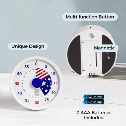 TWENTY5 SEVEN Countdown Timer 3 inch, Silent 60 Minute 1 Hour Visual Timer with Pause, Magnetic Classroom Teaching Tool Office Meeting, Countdown Clock for Kids Time Management, Red White and Blue