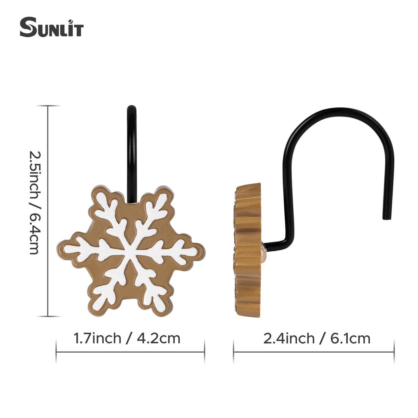Sunlit Christmas Shower Curtain Hooks Snowflakes Double Shower Curtain Rings, Resin, Red and White Christmas Decor, Winter Bathroom Decoration - 12 Pack