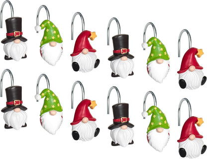 Sunlit Christmas Shower Curtain Hooks, Gnome Shower Curtain Rings, Hand Painted Resin Christmas Decor, Winter Bathroom Decoration, Black Green Red with Star, Set of 12