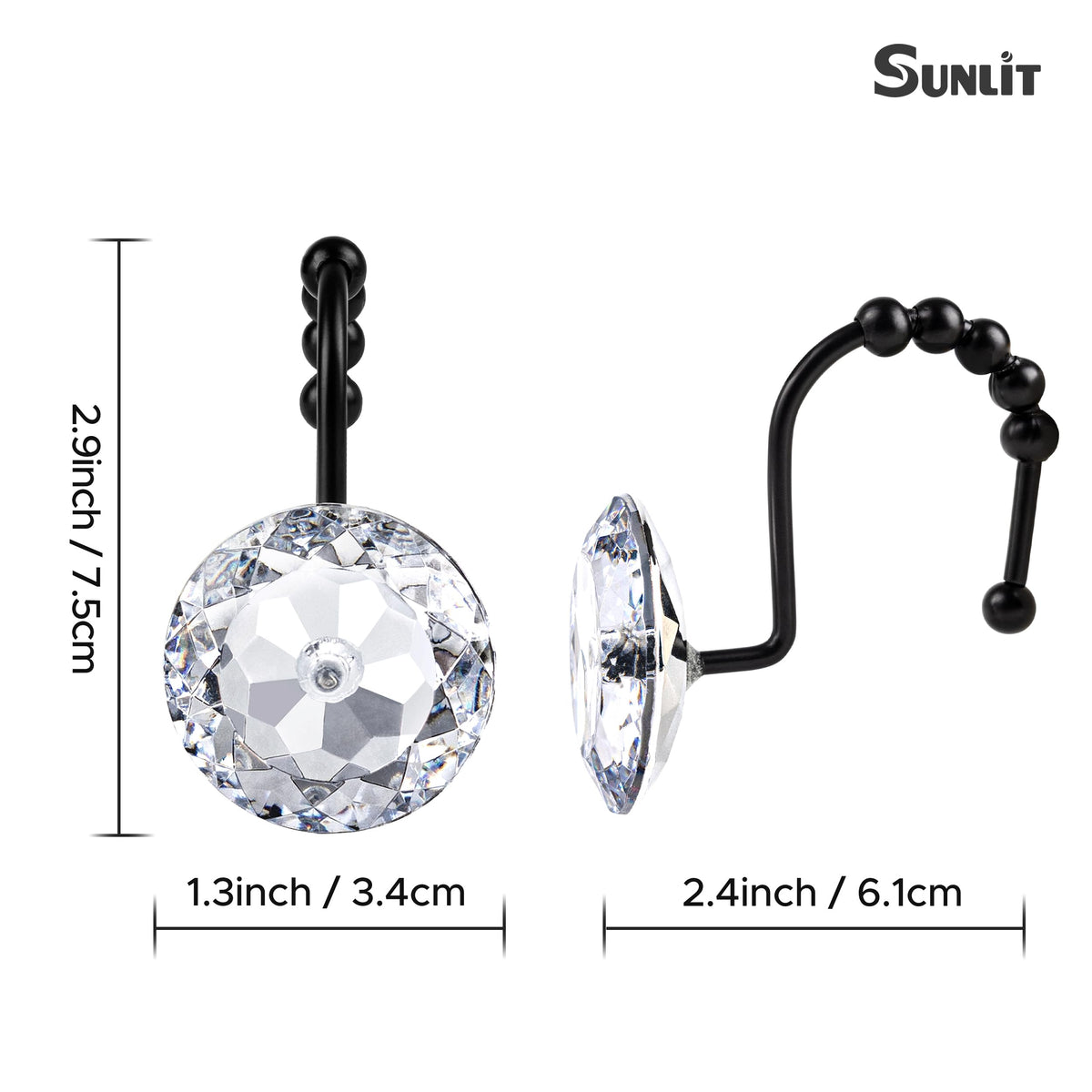 Sunlit Round Rhinestone Shower Curtain Hooks with Glide Balls, 12 Pack