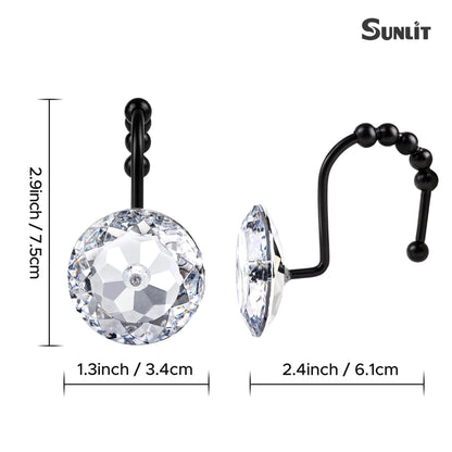 Sunlit Round Rhinestone Shower Curtain Hooks with Glide Balls, 12 Pack