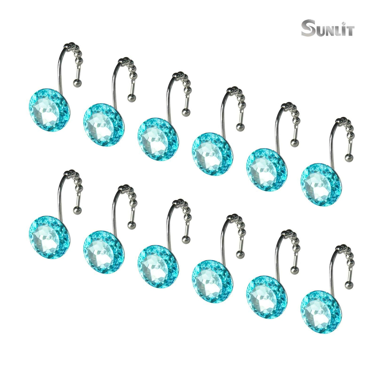 Sunlit Round Rhinestone Shower Curtain Hooks with Glide Balls, 12 Pack