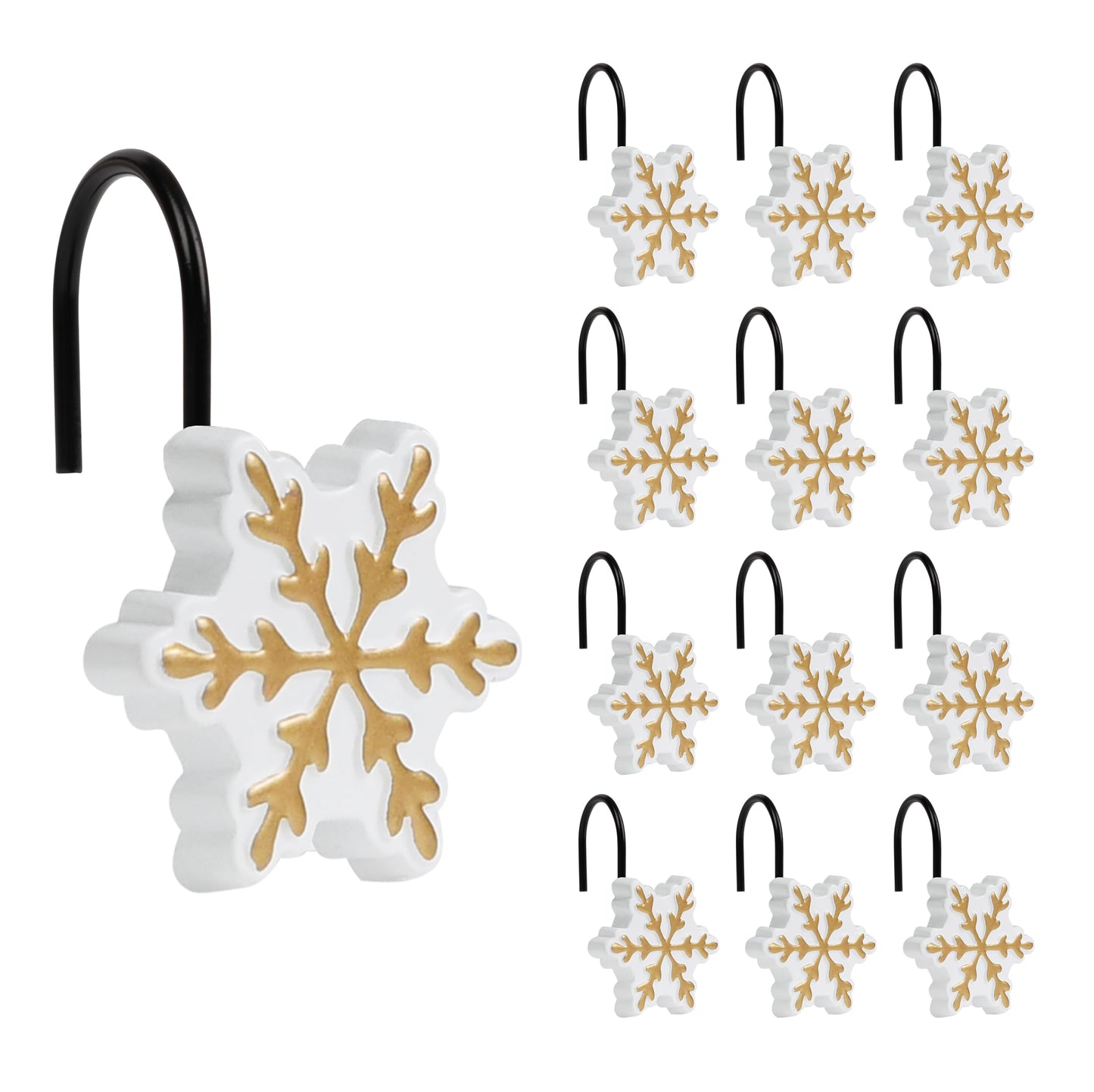 Sunlit Christmas Shower Curtain Hooks Snowflakes Double Shower Curtain Rings, Resin, Red and White Christmas Decor, Winter Bathroom Decoration - 12 Pack