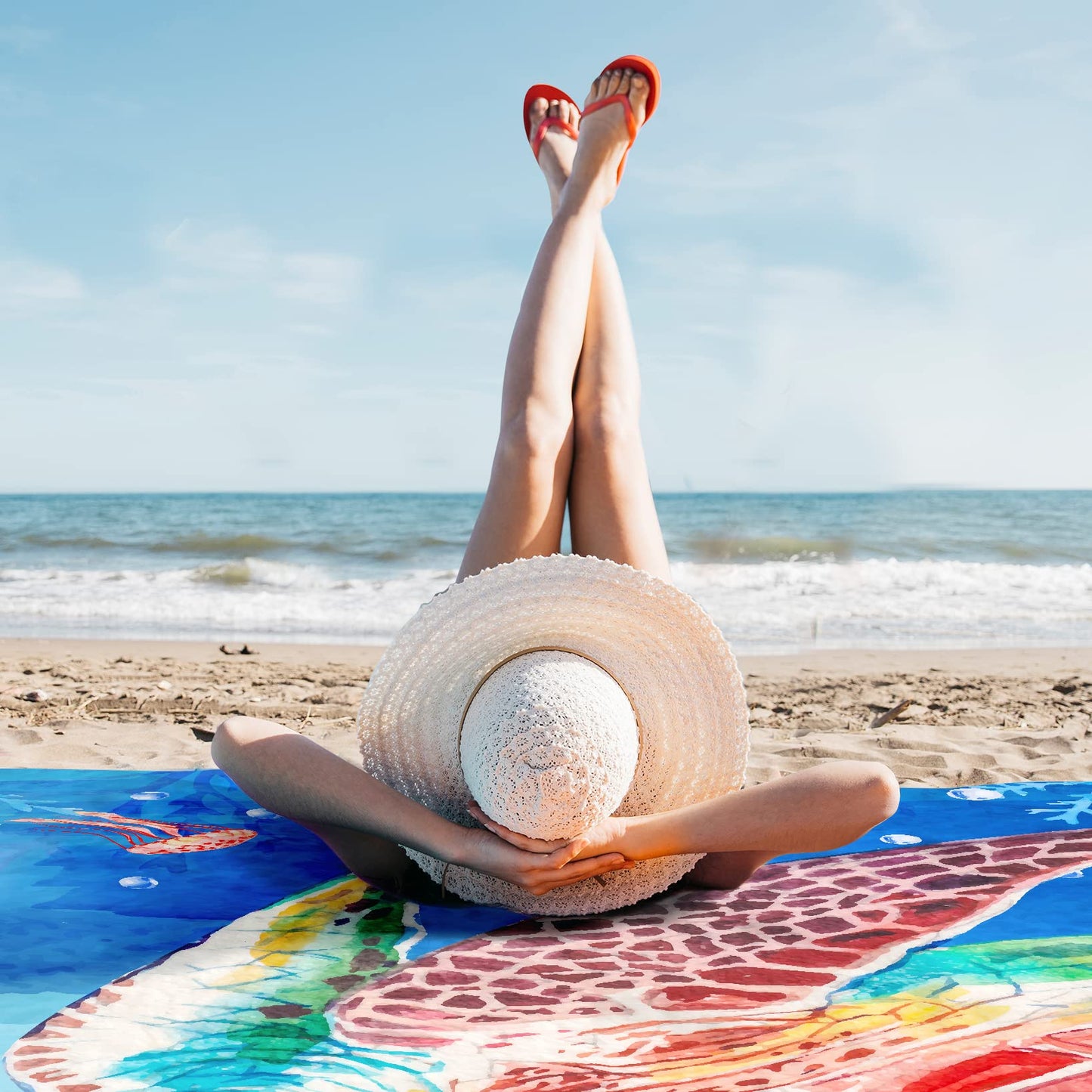 Sunlit 106"x81" Large Soft Sand Poof Beach Blanket with Corner Pockets and Mesh Bag for Beach Party, Travel, Camping and Outdoor Picnic, Light Weight and Portable, Sea Turtle Blue Wave