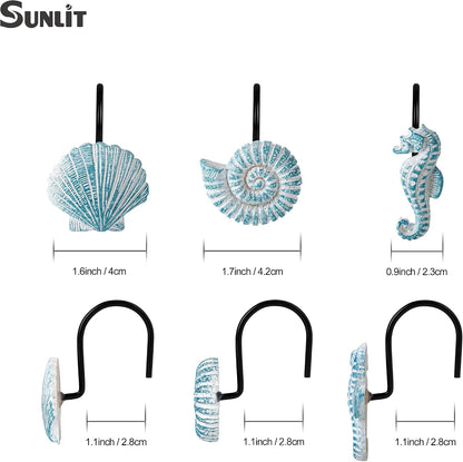 Sunlit Seashells Decorative Shower Curtain Hooks, Aqua Blue Ocean Creatures Coastal Shower Curtain Rings with Black Hooks, Resin, Nautical Bathroom Decoration Beach Shower Curtain Hooks, Set of 12