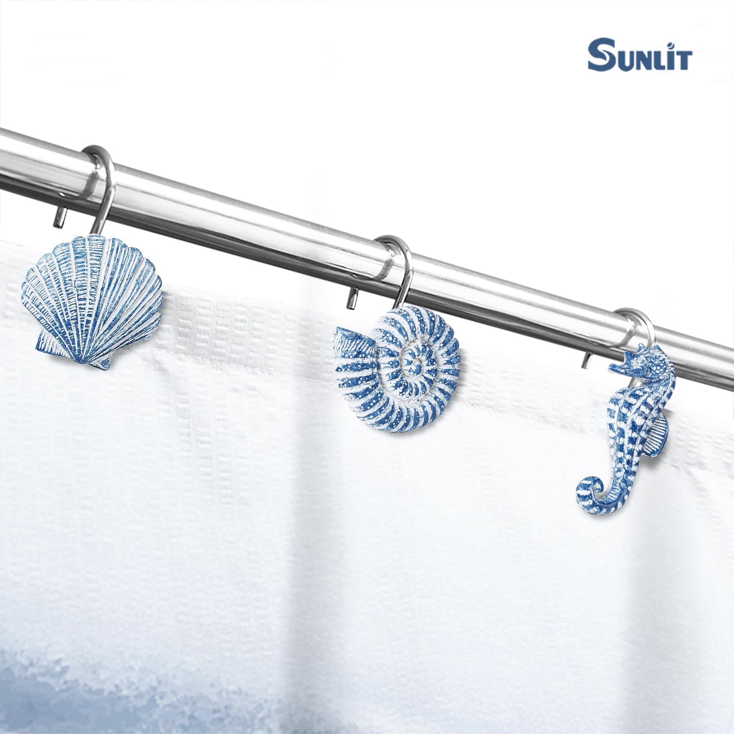 Sunlit Seashells Decorative Shower Curtain Hooks, Aqua Blue Ocean Creatures Coastal Shower Curtain Rings with Black Hooks, Resin, Nautical Bathroom Decoration Beach Shower Curtain Hooks, Set of 12