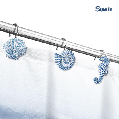 Sunlit Seashells Decorative Shower Curtain Hooks, Aqua Blue Ocean Creatures Coastal Shower Curtain Rings with Black Hooks, Resin, Nautical Bathroom Decoration Beach Shower Curtain Hooks, Set of 12
