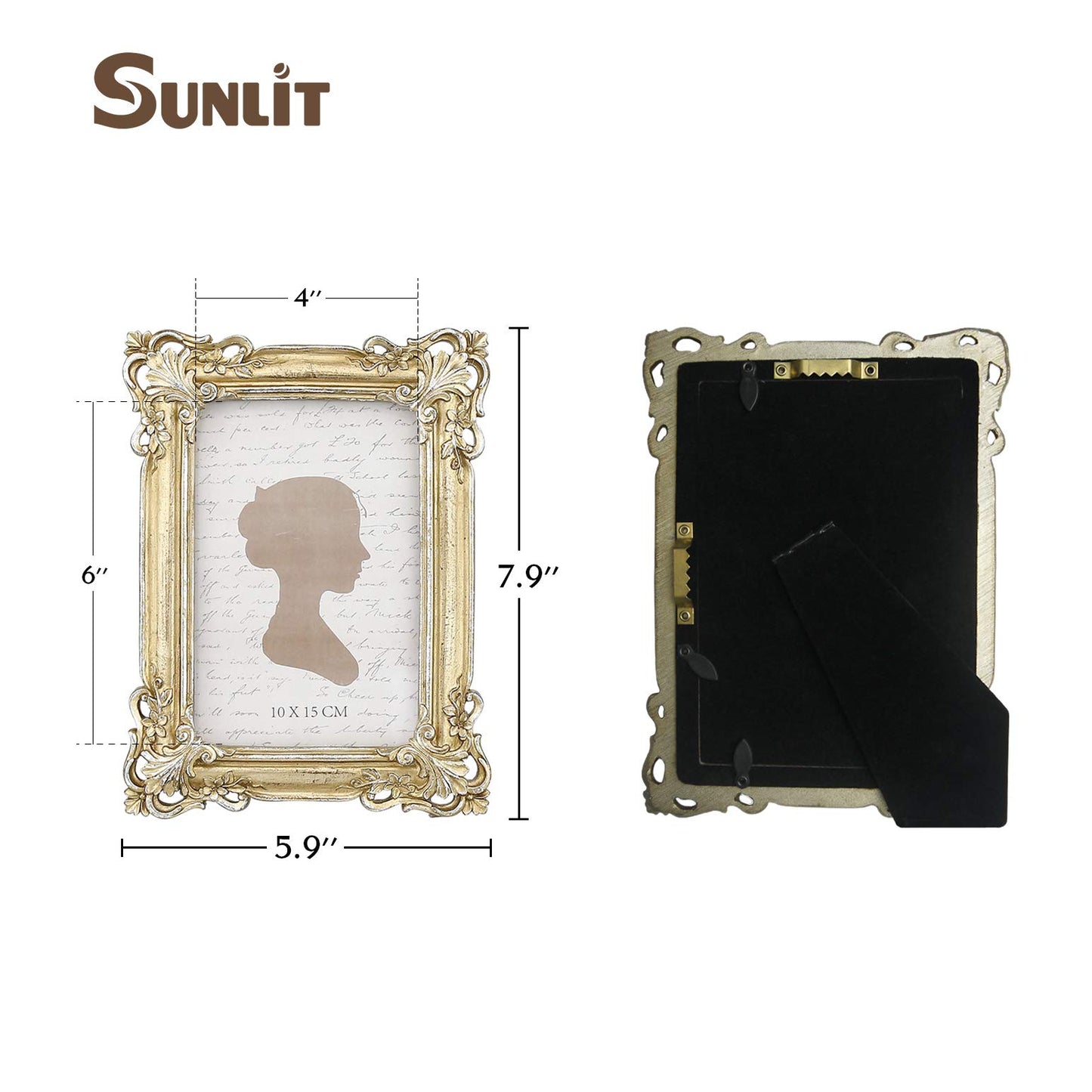 Sunlit Vintage Picture Frame 4x6 Inch, Luxury Antique Photo Frames with Glass Front, Photo Display, Tabletop Wall Hanging, Gift Ideas