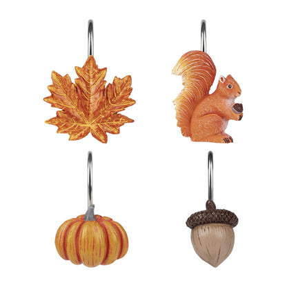 Sunlit Fall Autumn Decorative Shower Curtain Hooks, Pumpkin Maple Leaf Squirrel Acorn Shower Curtain Rings with Black Hooks, Resin, Orange Leaves Cute Bathroom Curtain Hangers Decoration, Set of 12