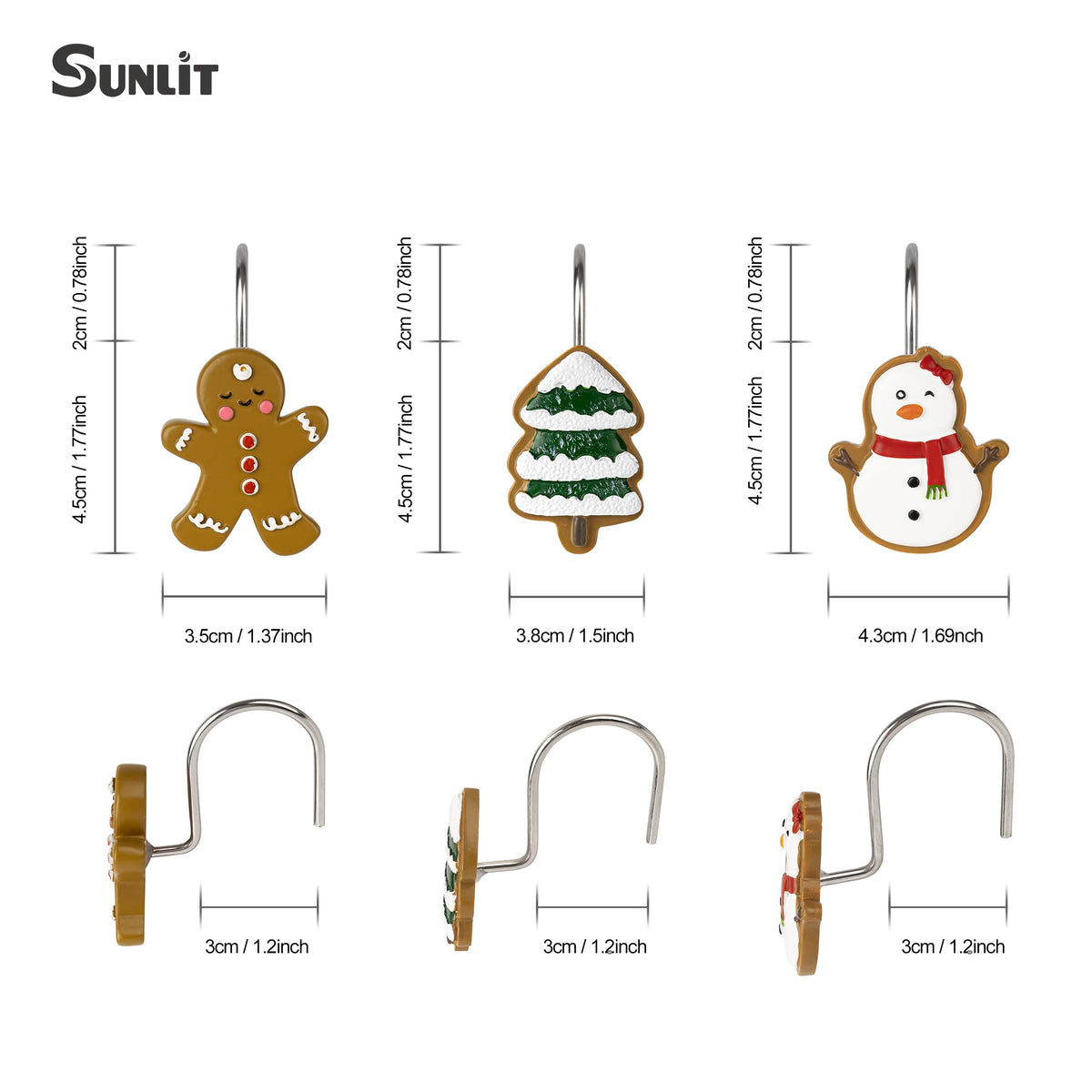 Sunlit Christmas Tree Snowman Decorative Shower Curtain Hooks, Green White Shower Curtain Rings, Resin, Xmas Theme Winter Holiday Bathroom Decoration, Set of 12