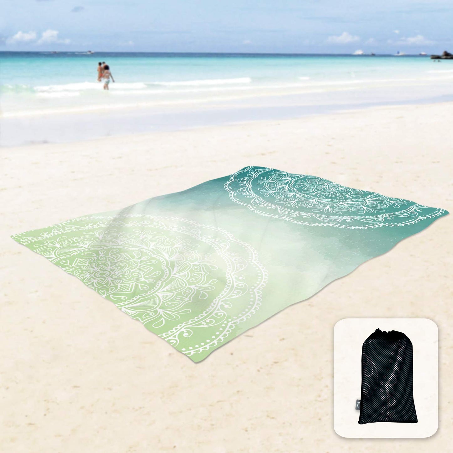 Sunlit 10'x9' Extra Large Boho Sand Proof Beach Blanket, Sand Proof Mat with Corner Pockets and Mesh Bag for Beach Party, Travel, Camping and Outdoor Music Festival, Light Orange and Sky Blue Mandala