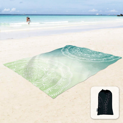 Sunlit 10'x9' Extra Large Boho Sand Proof Beach Blanket, Sand Proof Mat with Corner Pockets and Mesh Bag for Beach Party, Travel, Camping and Outdoor Music Festival, Light Orange and Sky Blue Mandala