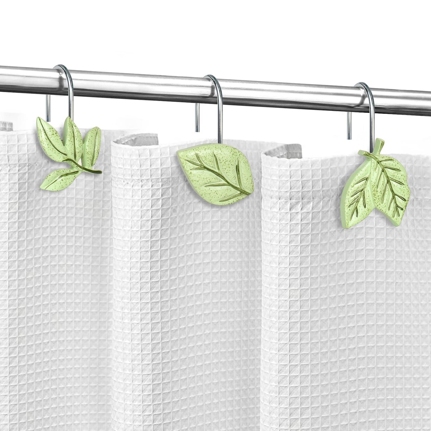 Light Green Plant Leaves Decorative Shower Curtain Hooks, Tropical Botanical Plam Tree Leaf Shower Curtain Rings for Bathroom, Resin, Cute Shower Curtain Hanger Hooks Bathroom Decor, Set of 12