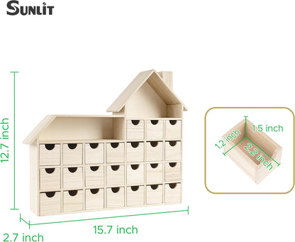 Sunlit Christmas Wooden Advent Calendar with Drawers, Unfinished Wooden, Chalet Shaped Countdown Calendar Ready to Decorate and Personalize | Craft Storage Box | DIY Guru and Crafters