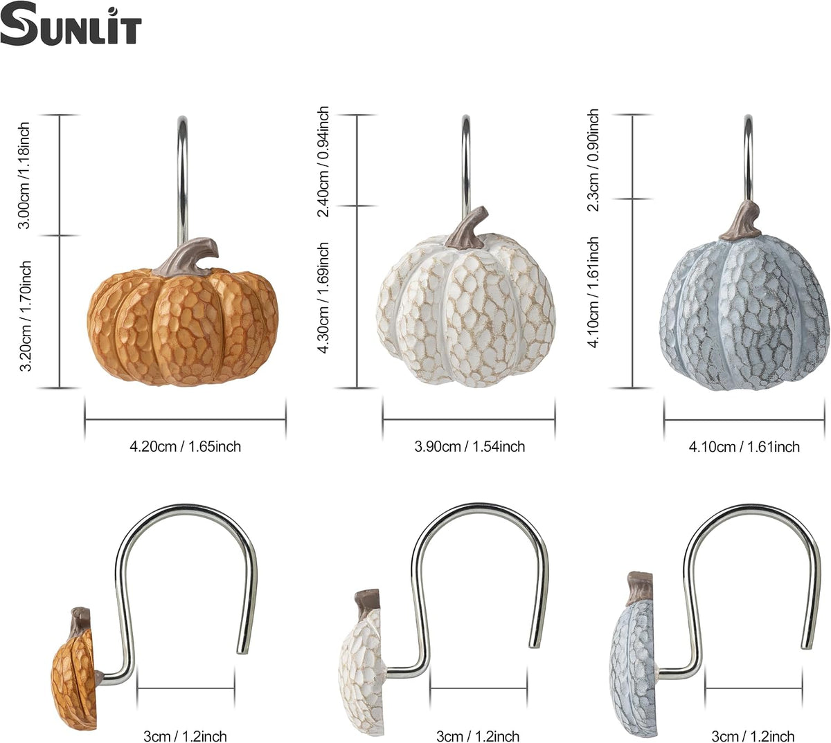 Sunlit Fall Pumpkin Decorative Shower Curtain Hooks, Autumn Harvest Festival Shower Curtain Rings, Resin Farmhouse Bathroom Curtain Hangers Decoration, Set of 12, Orange Blue White