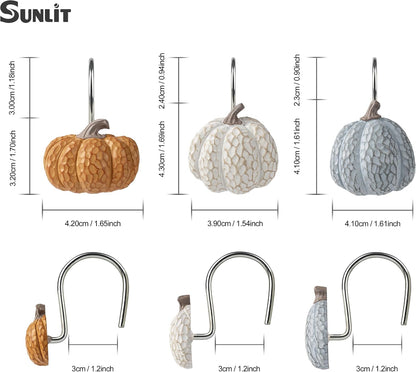 Sunlit Fall Pumpkin Decorative Shower Curtain Hooks, Autumn Harvest Festival Shower Curtain Rings, Resin Farmhouse Bathroom Curtain Hangers Decoration, Set of 12, Orange Blue White