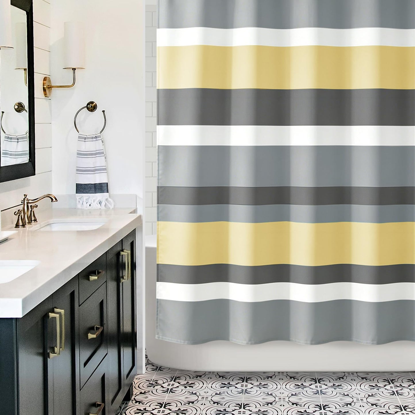 Sunlit Sage Green Gray Horizontal Stripes Water-Repellent Fabric Shower Curtain with Reinforced Metal Grommets Refreshing Striped Design Bathroom Decor, 72x72