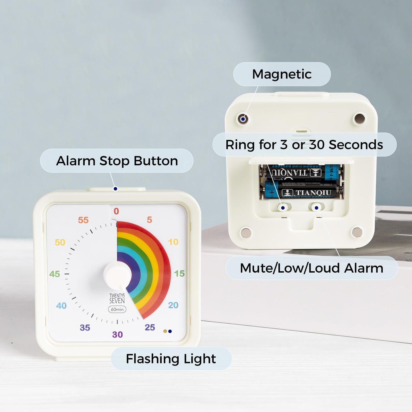 TWENTY5 SEVEN Countdown Timer, 60 Minute 1 Hour Silent Visual Timer, Magnetic Classroom Teaching Tool Office Meeting, Countdown Clock for Kids Time Management, Concentric Rainbow