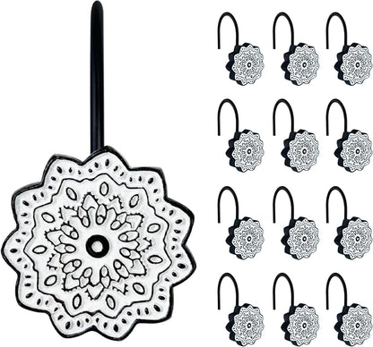 Sunlit Boho Decorative Shower Curtain Hooks, Medallion Black and White Shower Curtain Rings, Resin, Bathroom Decoration Boho Mandala Flower Shower Curtain Hooks-12 Pack